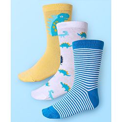 Cute Walk by Babyhug Cotton Lycra Knit Anti-bacterial Socks Strips & Dinosaur Design Pack of 3 - Yellow White & Blue