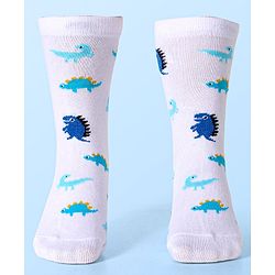 Cute Walk by Babyhug Cotton Lycra Knit Anti-bacterial Socks Strips & Dinosaur Design Pack of 3 - Yellow White & Blue