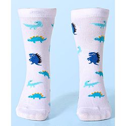 Cute Walk by Babyhug Cotton Lycra Knit Anti-bacterial Socks Strips & Dinosaur Design Pack of 3 - Yellow White & Blue