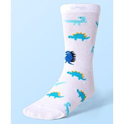 Cute Walk by Babyhug Cotton Lycra Knit Anti-bacterial Socks Strips & Dinosaur Design Pack of 3 - Yellow White & Blue