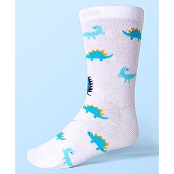 Cute Walk by Babyhug Cotton Lycra Knit Anti-bacterial Socks Strips & Dinosaur Design Pack of 3 - Yellow White & Blue