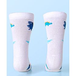 Cute Walk by Babyhug Cotton Lycra Knit Anti-bacterial Socks Strips & Dinosaur Design Pack of 3 - Yellow White & Blue
