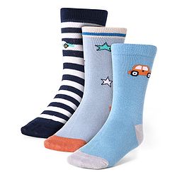 Cute Walk by Babyhug Cotton Lycra Knit Anti-bacterial Socks Strips Stars & Car Design Pack of 3 - Light Blue & Black