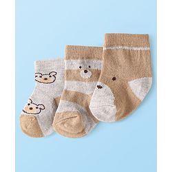 Cute Walk by Babyhug Knit Ankle Length Antibacterial Socks with Bear Design Pack of 3 - Tan