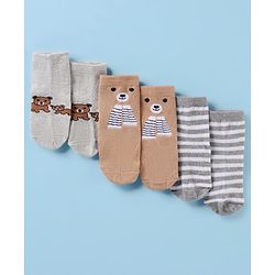 Cute Walk by Babyhug Cotton Knit Antibacterial Ankle Socks With Striped & Bear Print - Brown & Grey