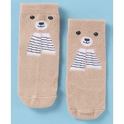 Cute Walk by Babyhug Cotton Knit Antibacterial Ankle Socks With Striped & Bear Print - Brown & Grey