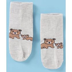 Cute Walk by Babyhug Cotton Knit Antibacterial Ankle Socks With Striped & Bear Print - Brown & Grey
