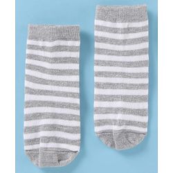 Cute Walk by Babyhug Cotton Knit Antibacterial Ankle Socks With Striped & Bear Print - Brown & Grey