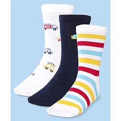 Cute Walk by Babyhug Cotton Lycra Knit Anti-bacterial Socks Strips & Cars Design Pack of 3 - Navy Blue & White