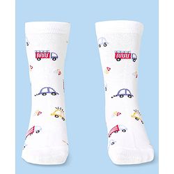 Cute Walk by Babyhug Cotton Lycra Knit Anti-bacterial Socks Strips & Cars Design Pack of 3 - Navy Blue & White