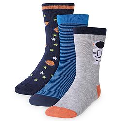 Cute Walk by Babyhug Cotton Lycra Knit Anti-bacterial Socks Strips Stars & Astronaut Design Pack of 3 - Blue Black & Gray