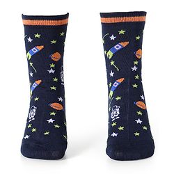 Cute Walk by Babyhug Cotton Lycra Knit Anti-bacterial Socks Strips Stars & Astronaut Design Pack of 3 - Blue Black & Gray