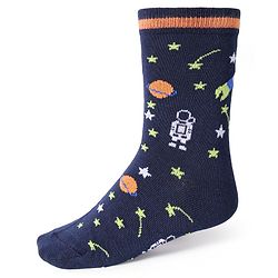 Cute Walk by Babyhug Cotton Lycra Knit Anti-bacterial Socks Strips Stars & Astronaut Design Pack of 3 - Blue Black & Gray