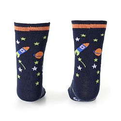 Cute Walk by Babyhug Cotton Lycra Knit Anti-bacterial Socks Strips Stars & Astronaut Design Pack of 3 - Blue Black & Gray