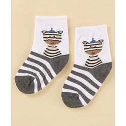 Cute Walk by Babyhug Cotton Knit Antibacterial Ankle Length Socks With Striped & Animal Print - White & Grey