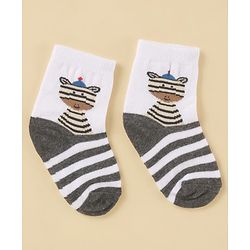 Cute Walk by Babyhug Cotton Knit Antibacterial Ankle Length Socks With Striped & Animal Print - White & Grey
