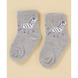 Cute Walk by Babyhug Cotton Knit Antibacterial Ankle Length Socks With Striped & Animal Print - White & Grey