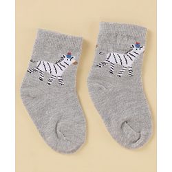 Cute Walk by Babyhug Cotton Knit Antibacterial Ankle Length Socks With Striped & Animal Print - White & Grey