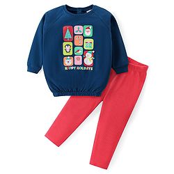 Babyhug Cotton Knit Full Sleeves Top & Leggings Set With Christmas Theme Print - Navy & Red