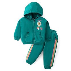 Babyhug Cotton Knit Full Sleeves Hooded Front Zipper T-Shirt & Lounge Pants Set With Floral Print - Teal Blue
