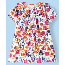 Babyhug Cotton Woven Half Sleeves Frock With Floral Print & Peter Pan Collar - White