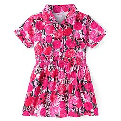 Babyhug Cotton Woven Half Sleeves Floral Printed Frock - Dark Pink