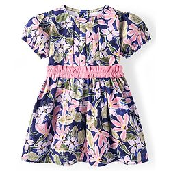 Babyhug Cotton Woven Half Puffed Sleeves Floral Printed Frock - Blue