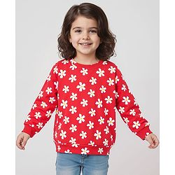 Babyhug Cotton Knit Full Sleeves Sweatshirt With Floral Print - Red