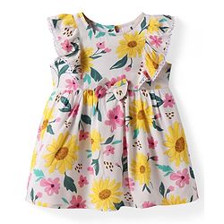 Babyhug Rayon Woven Frill Sleeves Anti Bacterial Frock with Floral Print - Peach & Yellow