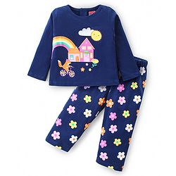 Babyhug Cotton Knit Full Sleeves Night Suit with Fox & Floral Print - Navy