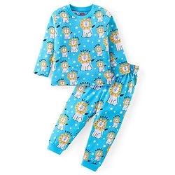 Babyhug Cotton Knit Full Sleeves Night Suit With Lion Print - Blue