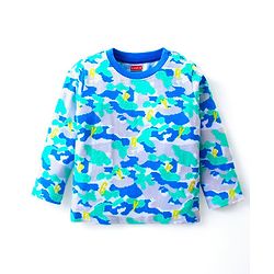 Babyhug Cotton Knit Full Sleeves Night Suit With Camouflage Print - Blue & Melange Grey