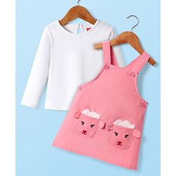 Babyhug 100% Cotton Woven Full Sleeves Antibacterial T-Shirt with Frock & Sheep Applique - White & Pink