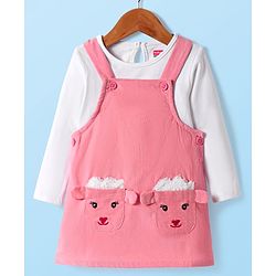Babyhug 100% Cotton Woven Full Sleeves Antibacterial T-Shirt with Frock & Sheep Applique - White & Pink