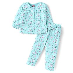 Babyhug Cotton Knit Full Sleeves Floral Print Night Suit - Aqua Blue