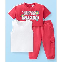 Babyhug Cotton Knit Half Sleeves Text Printed Crop Top With Inner Tee & Lounge Pants - Red