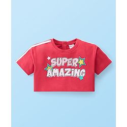 Babyhug Cotton Knit Half Sleeves Text Printed Crop Top With Inner Tee & Lounge Pants - Red