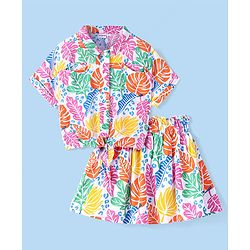 Babyhug Rayon Woven Half Sleeves Mandarin Collared Top & Skirt with Floral Print - White Pink & Yellow