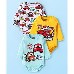 Babyhug Disney Interlock Knit Full Sleeves Onesies with Car Graphics Pack of 3- Yellow White & Blue