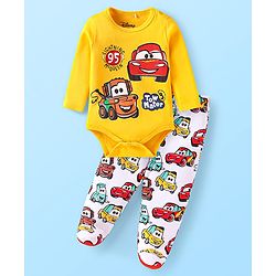 Babyhug Disney Interlock Knit Full Sleeves Onesie with Bootie Leggings Car Graphics - Yellow & White