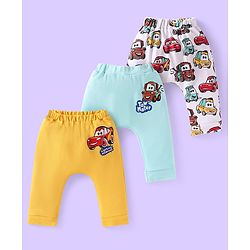 Babyhug Disney Interlock Knit Full Length Diaper Leggings with  Car Graphics Pack of 3 - Blue Yellow & White