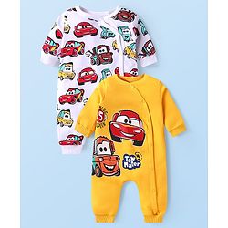 Babyhug Disney Interlock Knit Full Sleeves Front Open Rompers with Cars Graphics Pack of 2 - White & Yellow
