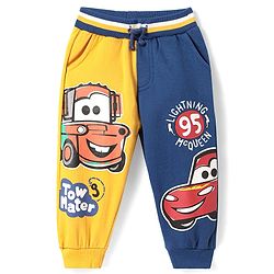 Babyhug Disney Terry Knit Full Length Cut & Sew Track Pant with Cars Graphics - Navy Blue & Yellow