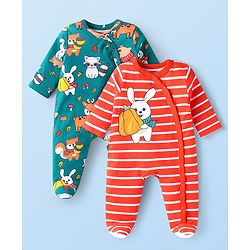 Babyhug Cotton Knit Full Sleeves Stripe & Animal Printed Footed Sleep Suits Pack of 2- Green & Red