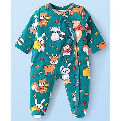 Babyhug Cotton Knit Full Sleeves Stripe & Animal Printed Footed Sleep Suits Pack of 2- Green & Red