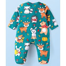 Babyhug Cotton Knit Full Sleeves Stripe & Animal Printed Footed Sleep Suits Pack of 2- Green & Red