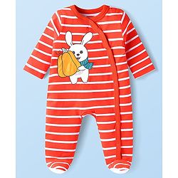 Babyhug Cotton Knit Full Sleeves Stripe & Animal Printed Footed Sleep Suits Pack of 2- Green & Red