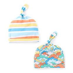 Babyhug 100% Cotton Interlock Knit Stripes & Clouds Printed Caps with Knot Detailing - Pack of 2 - Multicolour
