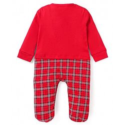 Babyhug Cotton Knit Full Sleeves Sleep Suit With Bow Applique & Santa Claus Patch - Red