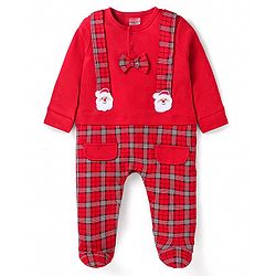 Babyhug Cotton Knit Full Sleeves Sleep Suit With Bow Applique & Santa Claus Patch - Red